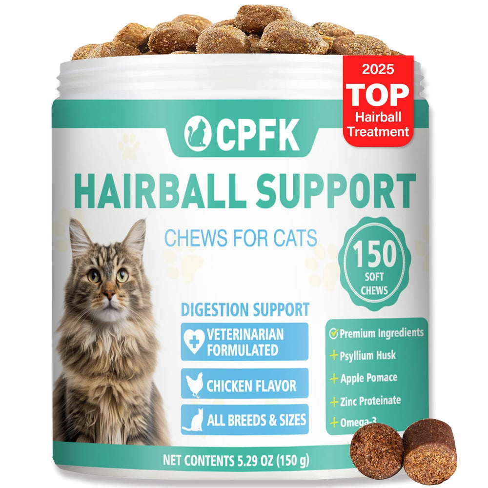 CPFK cat hairball remedy bottle showing 150 soft chews for easy dosing