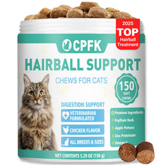 CPFK cat hairball remedy bottle showing 150 soft chews for easy dosing
