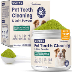CPFK dental cleaning powder for dogs tub highlighting large 180g capacity for ongoing care