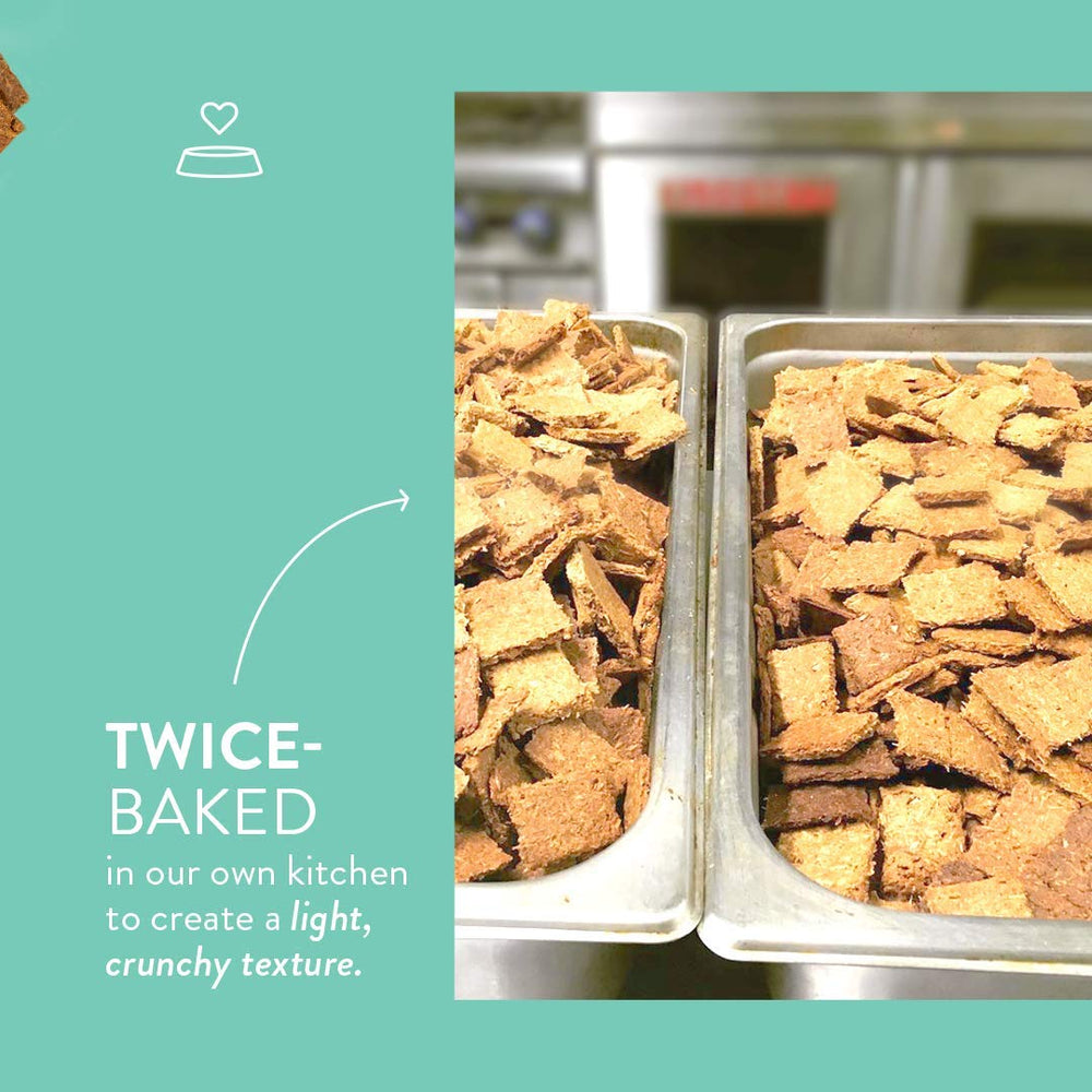 Crafted by Humans Brew Biscuit local meats and grains ingredient emphasis.