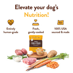 CRAFTED BY HUMANS LOVED BY DOGS Hopkin's Pork N’ Potato pouch close-up meat texture showing lean pork.