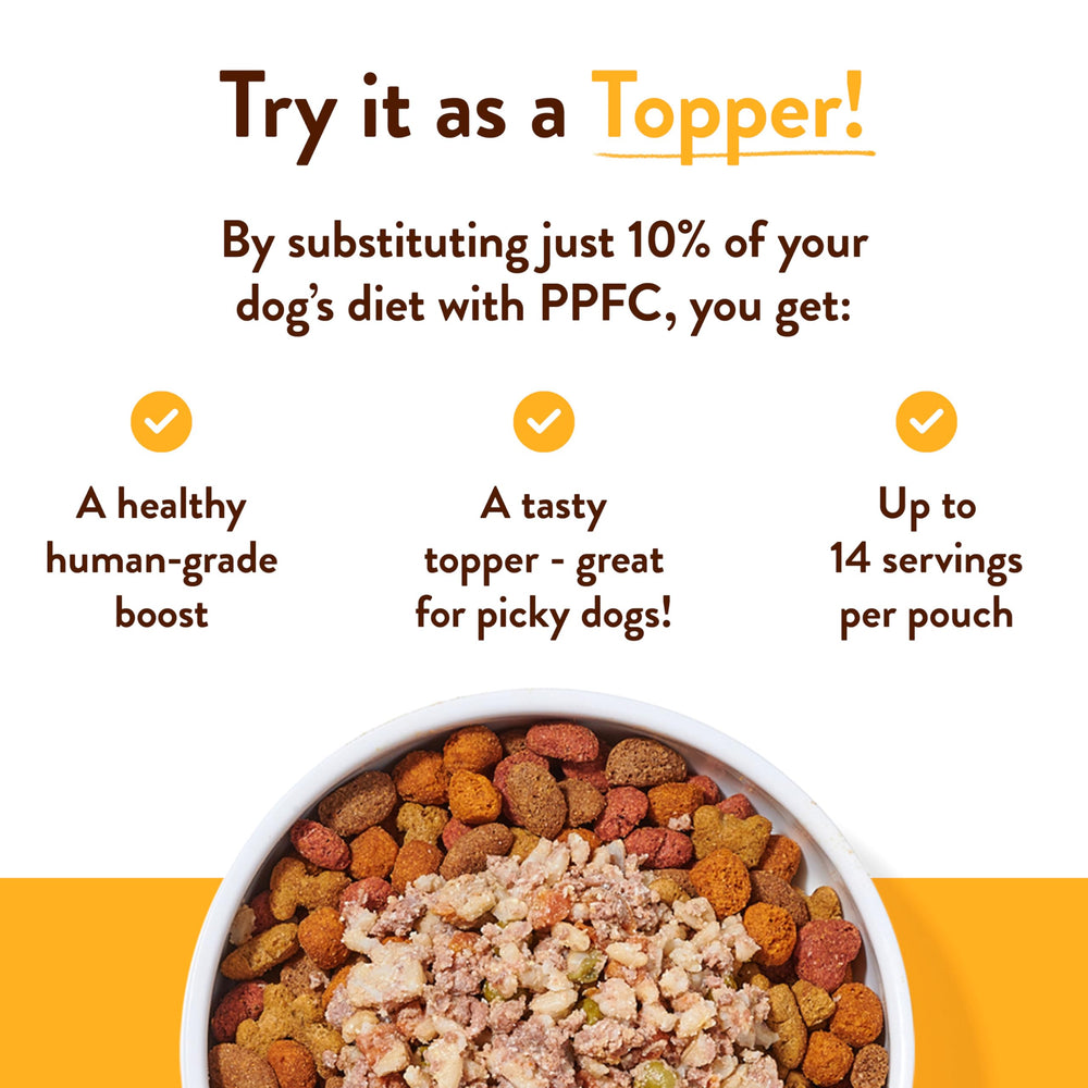 CRAFTED BY HUMANS LOVED BY DOGS Hopkin's Pork N’ Potato pouch mixed with dry food for flavor boost.