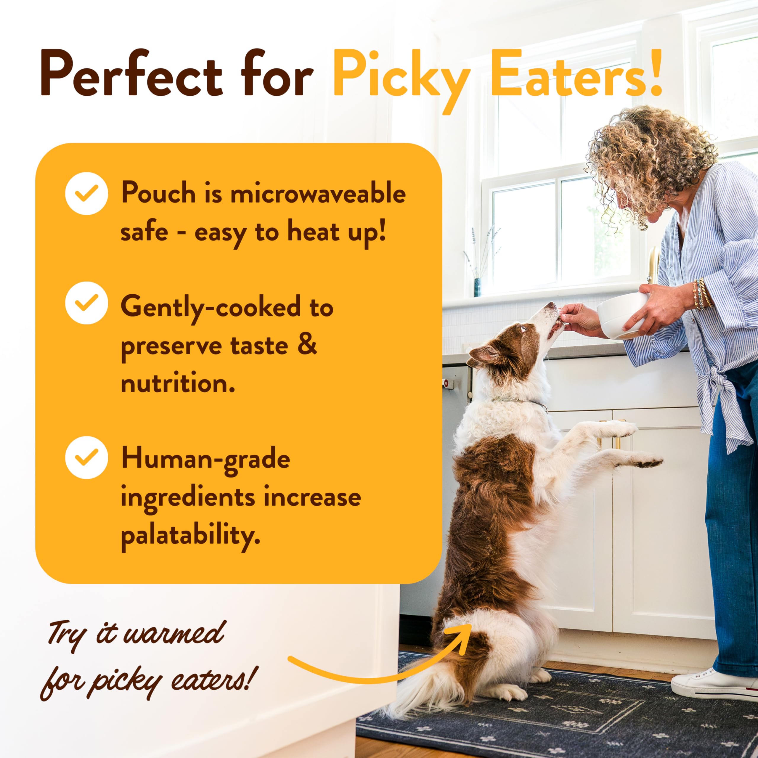 CRAFTED BY HUMANS LOVED BY DOGS Hopkin's Pork N’ Potato pouch held by owner for trusted nourishment.