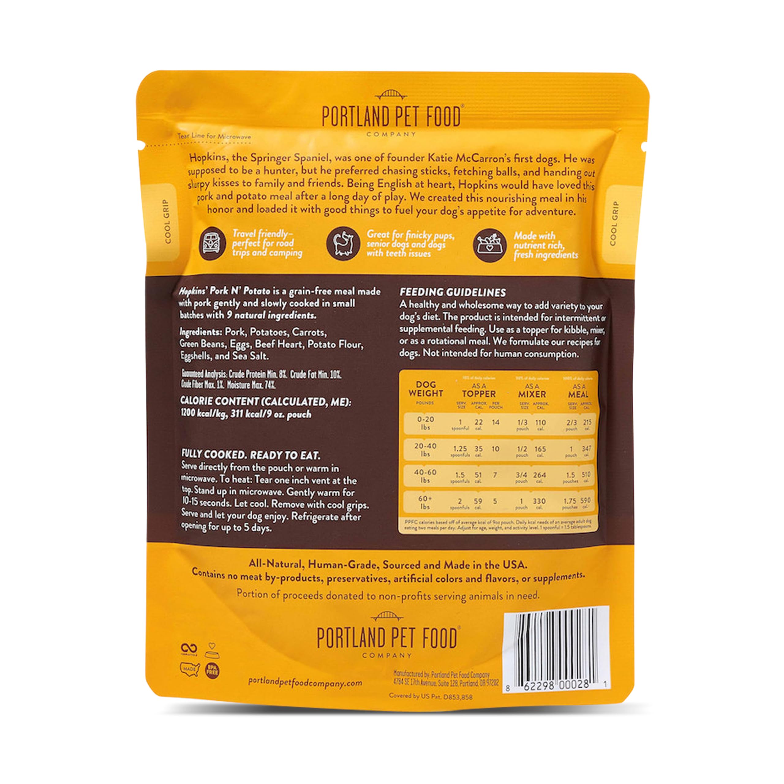 CRAFTED BY HUMANS LOVED BY DOGS Hopkin's Pork N’ Potato pouch suitable for small and large dogs dining.