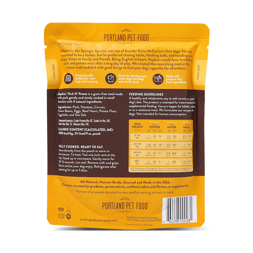 CRAFTED BY HUMANS LOVED BY DOGS Hopkin's Pork N’ Potato pouch suitable for small and large dogs dining.