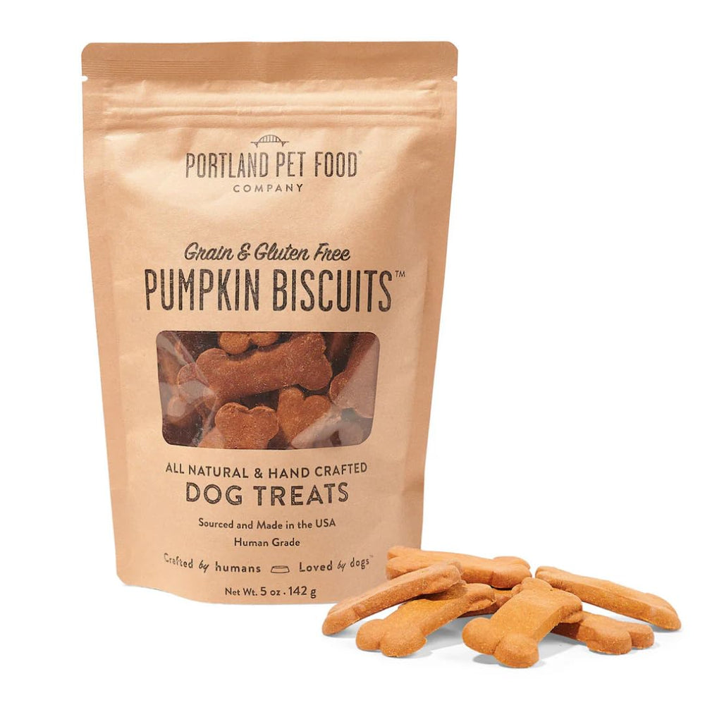 Crafted by Humans Loved by Dogs Portland Pumpkin Dog Treats packaging shows wholesome USA-made ingredients for pups