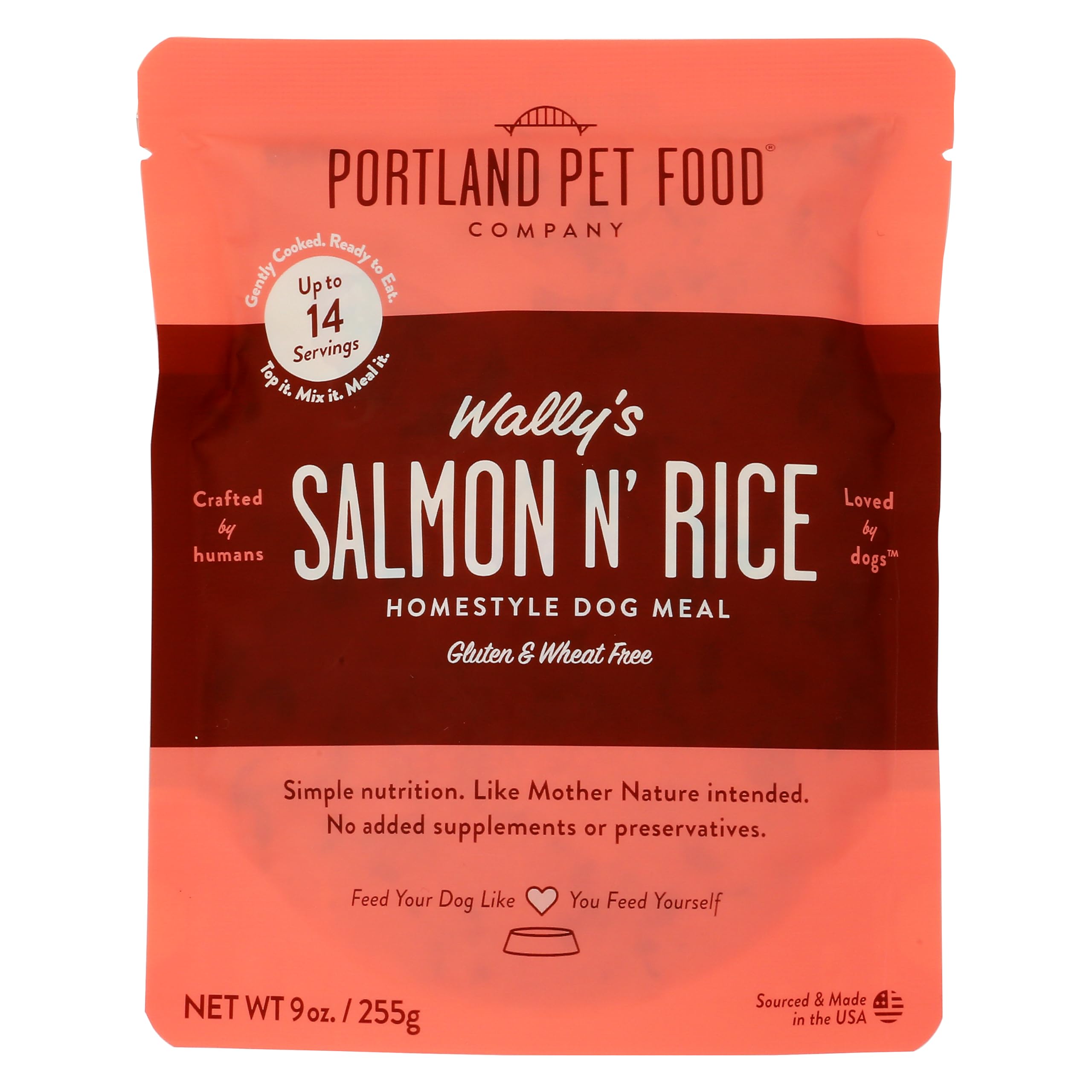 Wally's Salmon N Rice Dog Meal 9oz packshot highlights protein-rich salmon appeal.