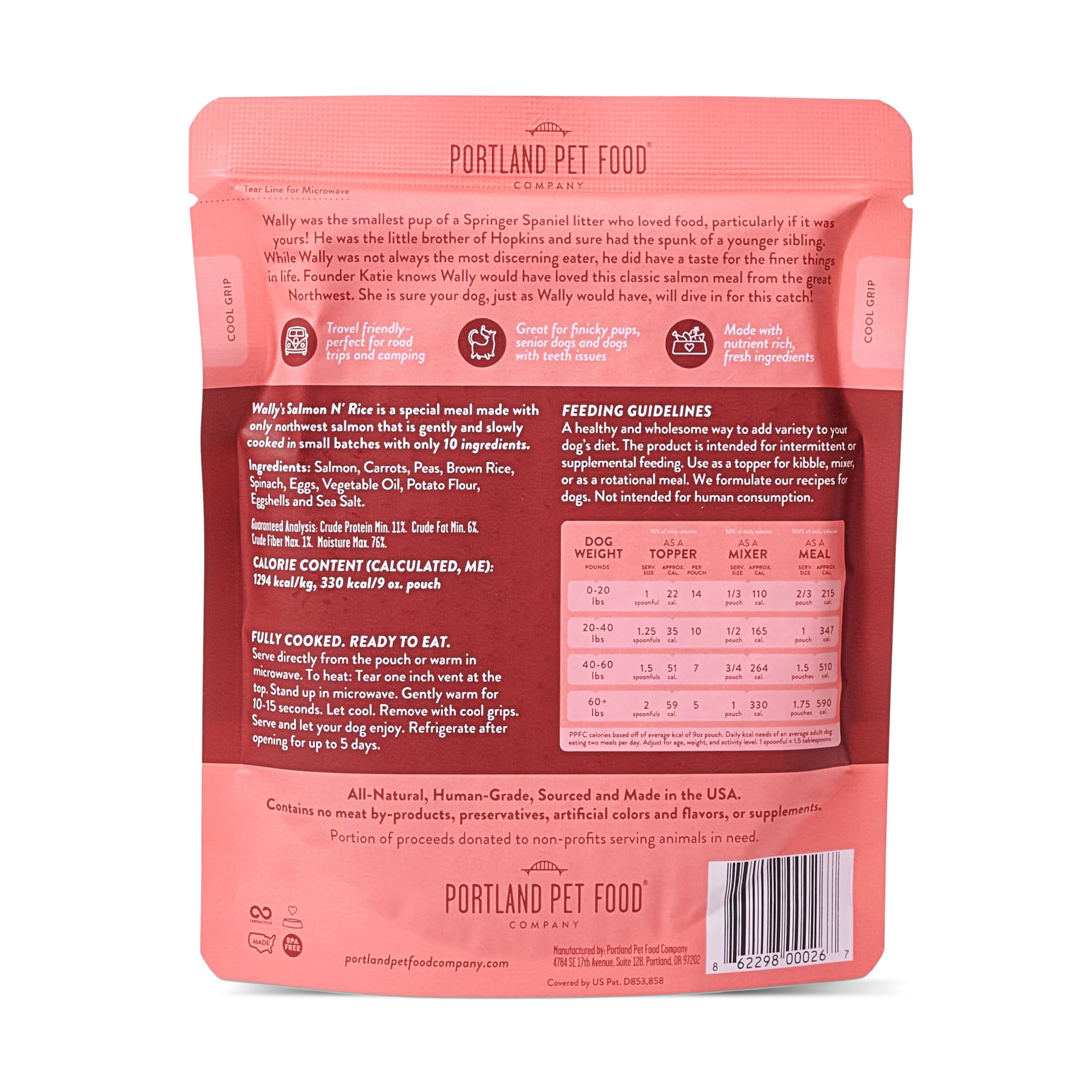 Wally’s Salmon N’ Rice ingredient label highlights gluten free limited ingredients.