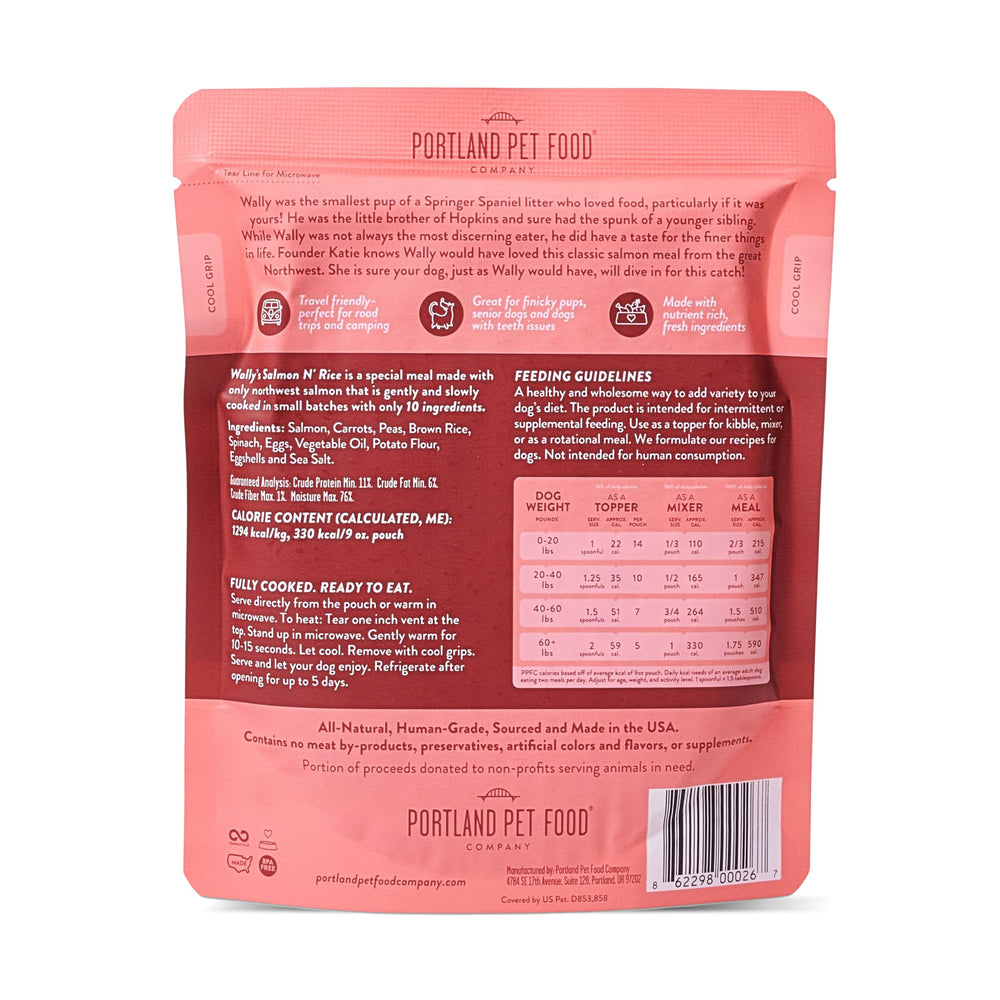 Wally’s Salmon N’ Rice ingredient label highlights gluten free limited ingredients.