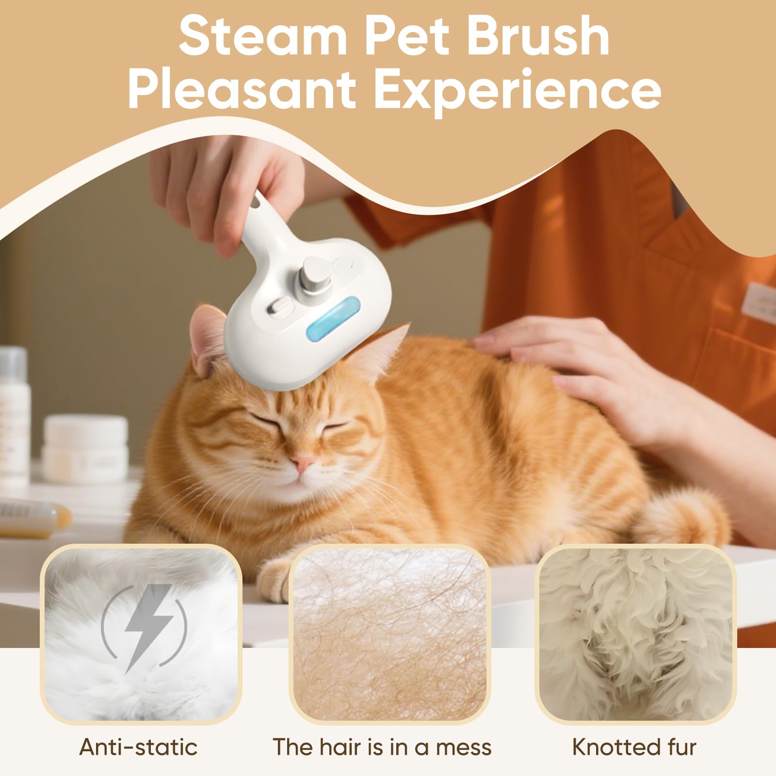 Craftivio white-design cat steam brush offers calm, quiet grooming