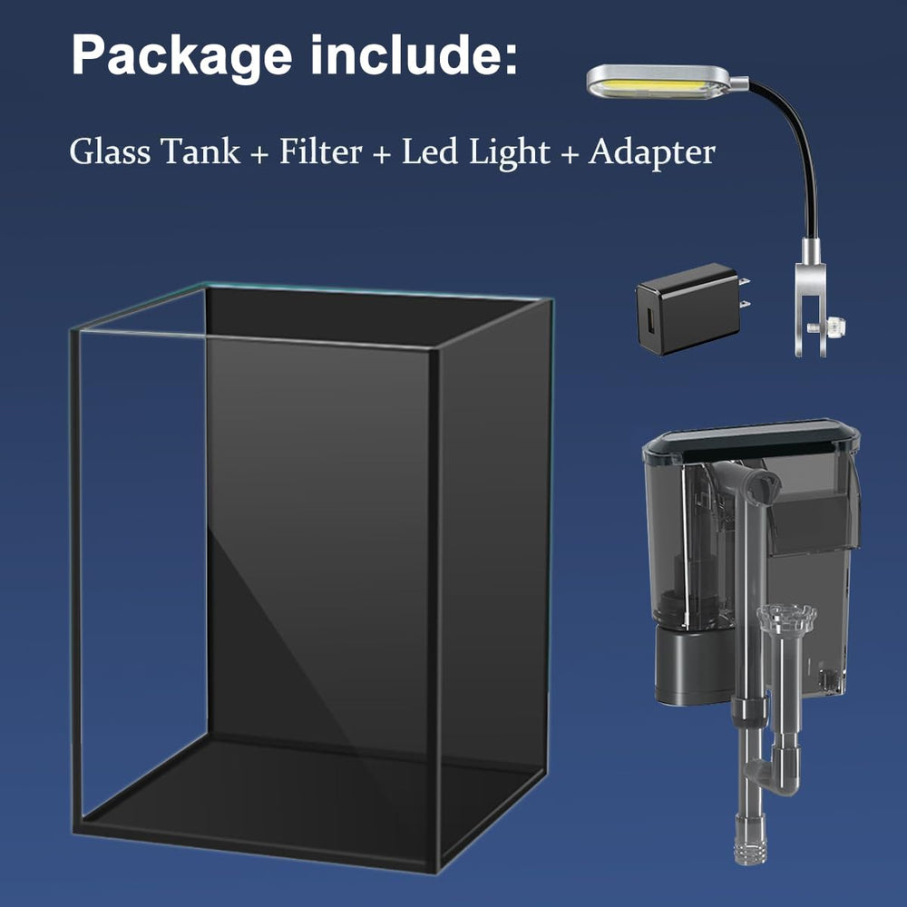 Craftsboys desk-friendly aquarium setup, compact workspace with integrated filter and light.