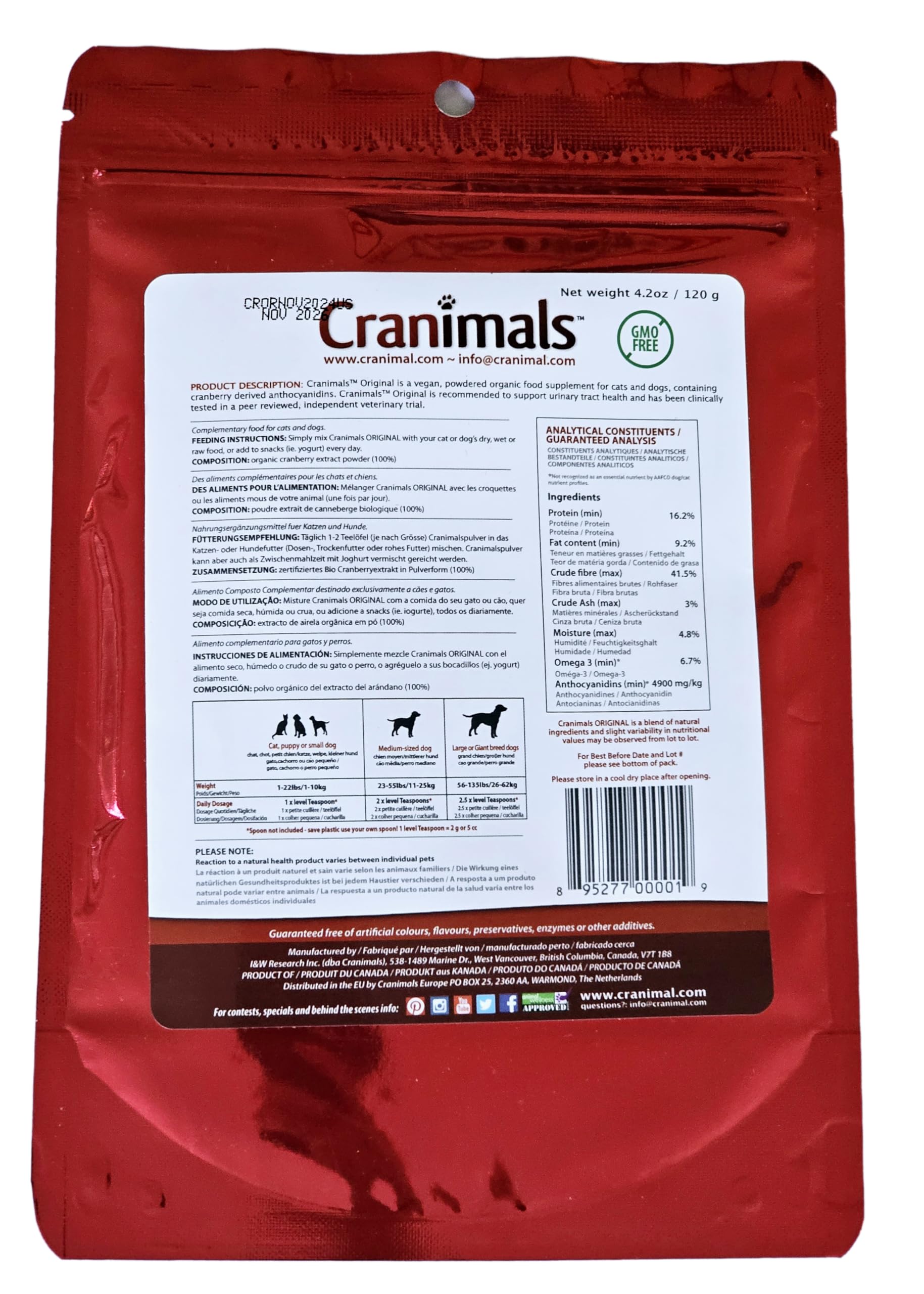 Cranimals cranberry cat supplement powder supports bladder health during meals.
