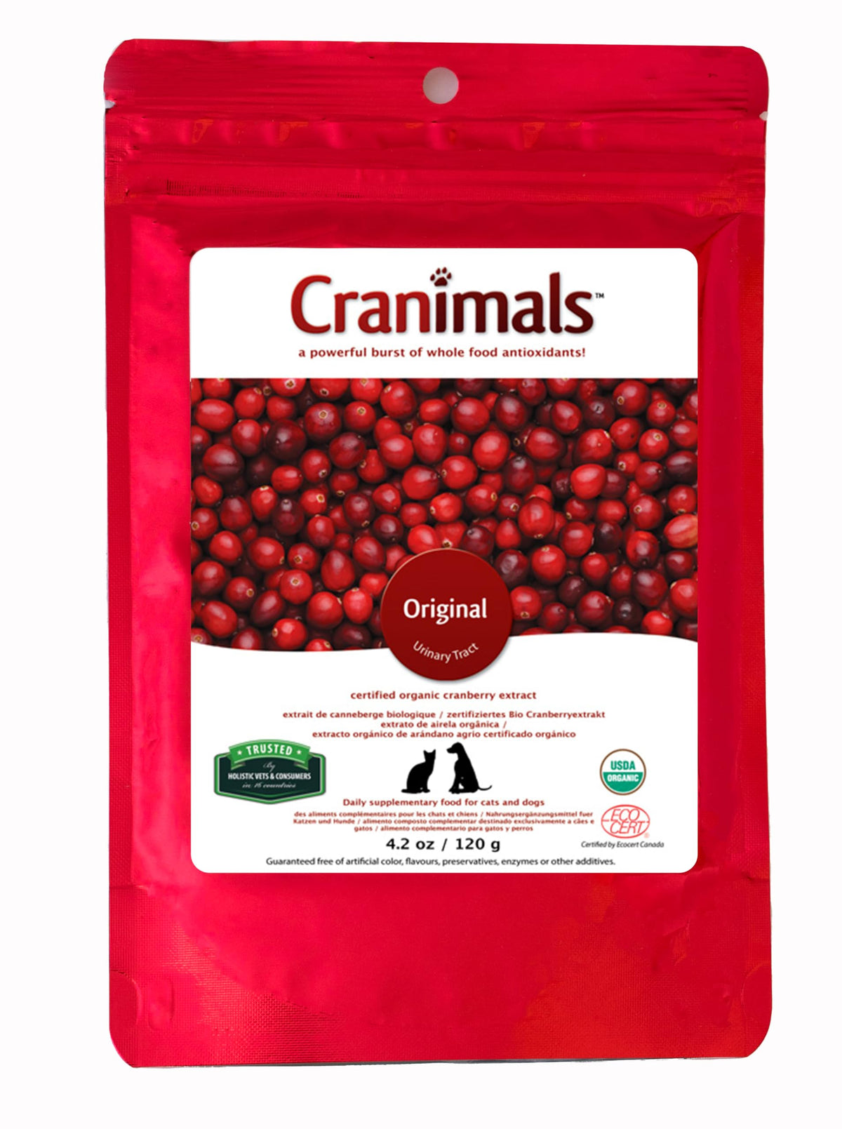 Cranimals cranberry dog supplement powder supports urinary health during daily activities.