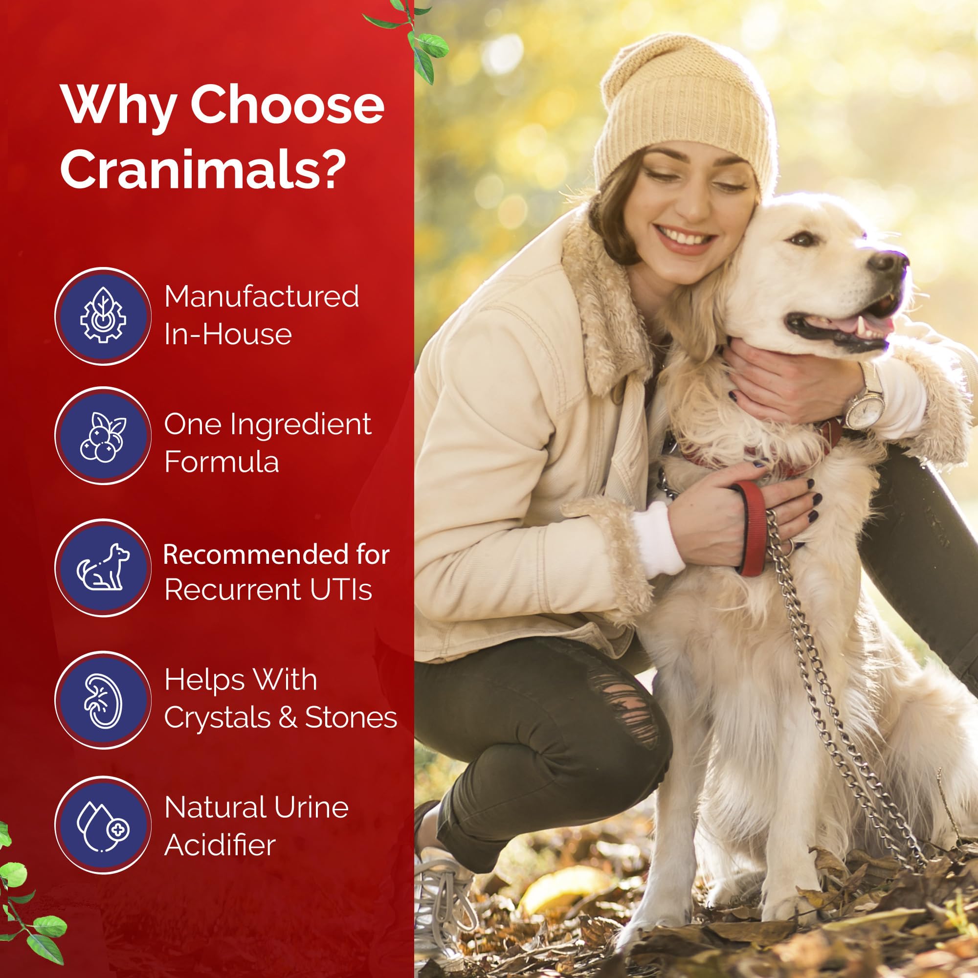 Cranimals cranberry extract closeup highlights organic, PAC-rich formula for urinary health support.