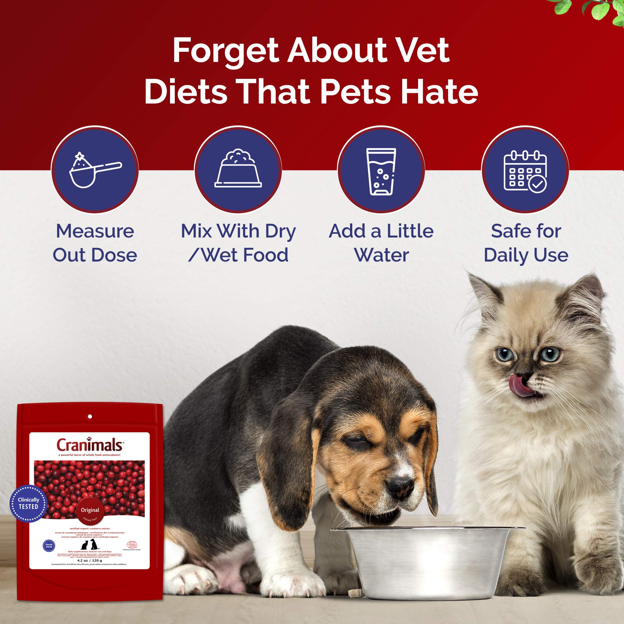 Cranimals mixing cranberry powder with food for a palatable urinary wellness boost.