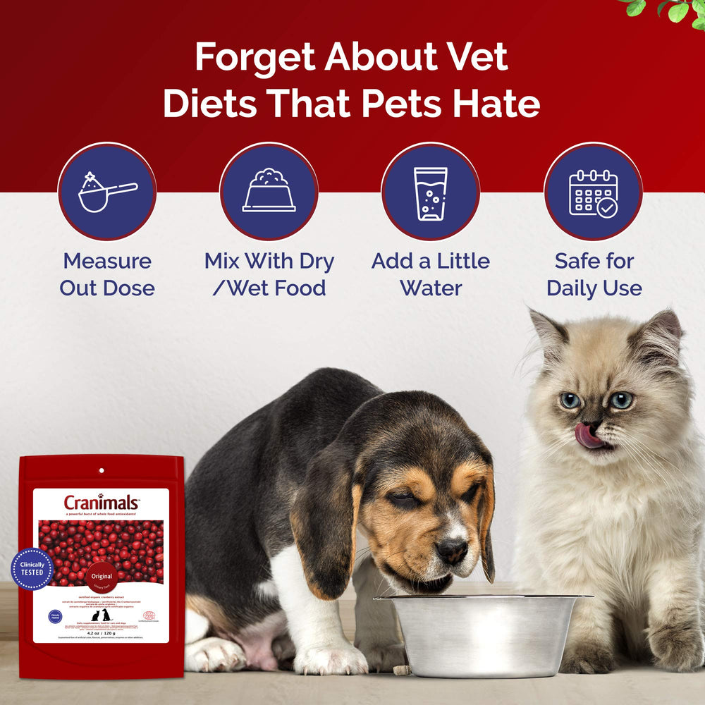 Cranimals mixing cranberry powder with food for a palatable urinary wellness boost.