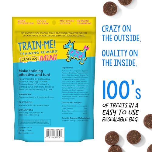 Crazy Dog Mini Train-Me! bag back with nutrition highlights for dog owners.