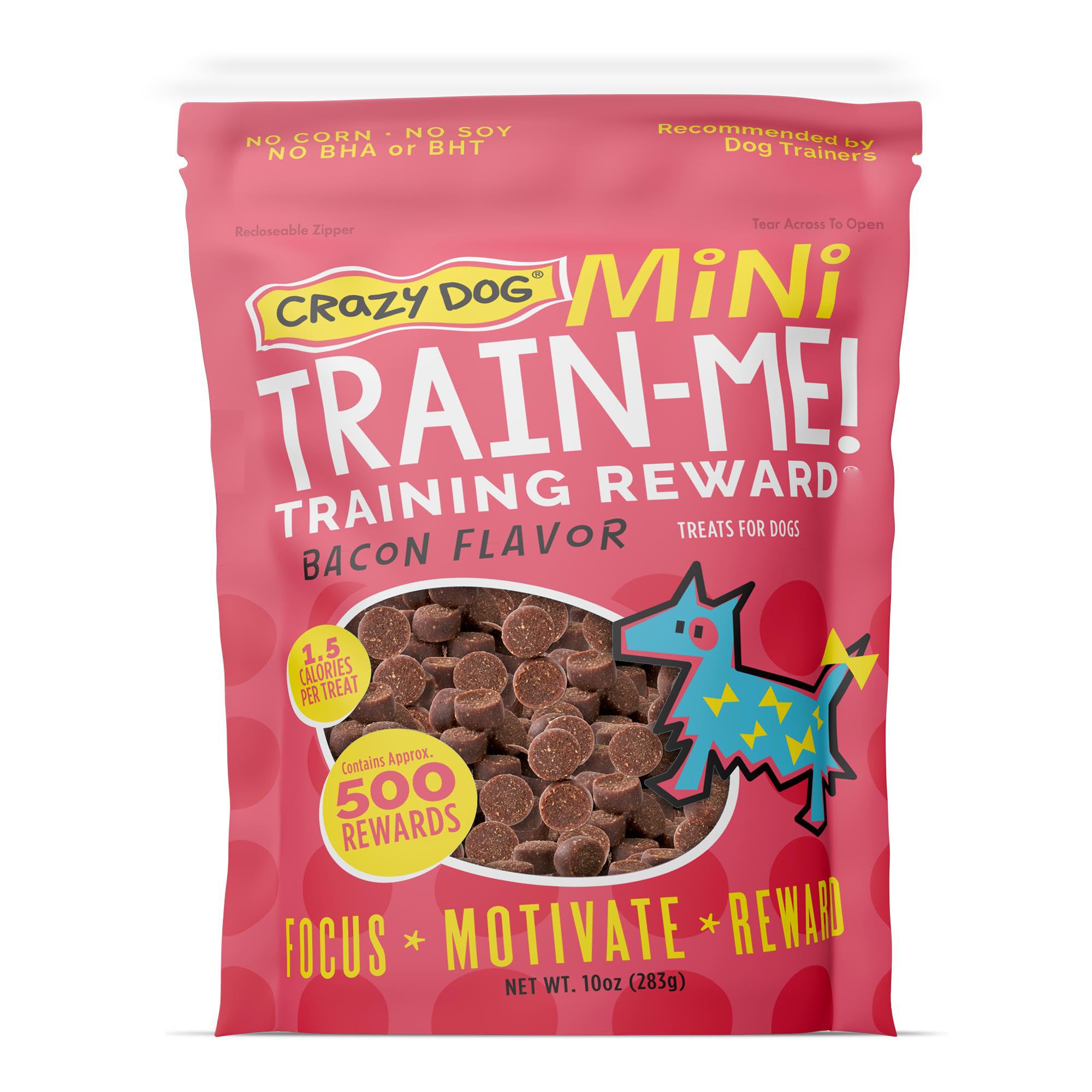 Crazy Dog Mini Train-Me treats bag closeup shows pork liver base for tasty rewards.