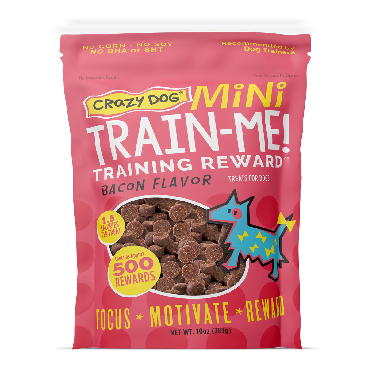 Crazy Dog Mini Train-Me treats bag closeup shows pork liver base for tasty rewards.