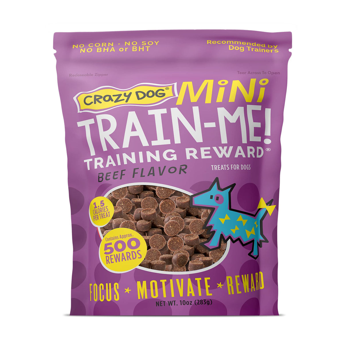 Crazy Dog Mini Train-Me beef bag front view highlights 500 treats per bag for training