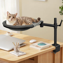Crazydeer Cat Desk Bed shows 360-degree rotation for flexible cat interaction.