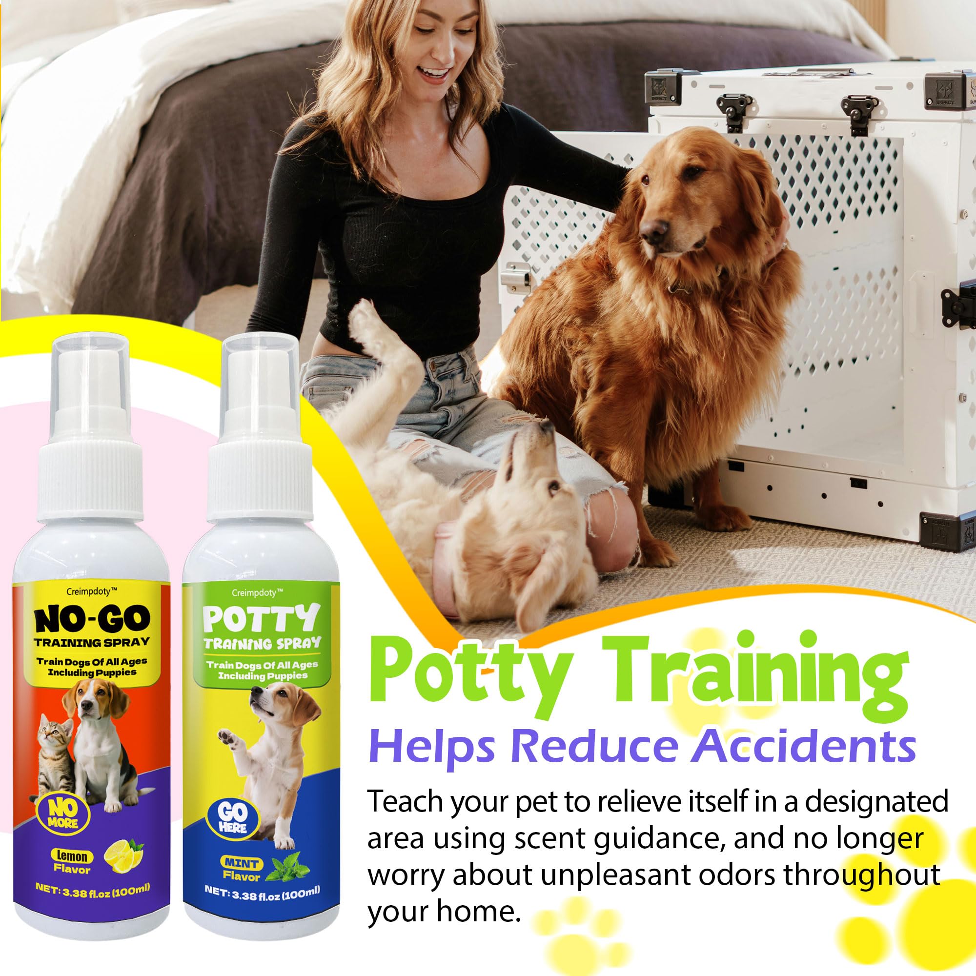 Creimpdoty potty spray application on pad demonstrates target-area training aid.