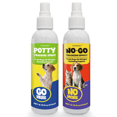 Creimpdoty potty spray set bottle closeup shows natural scent guiding dogs to designated areas.