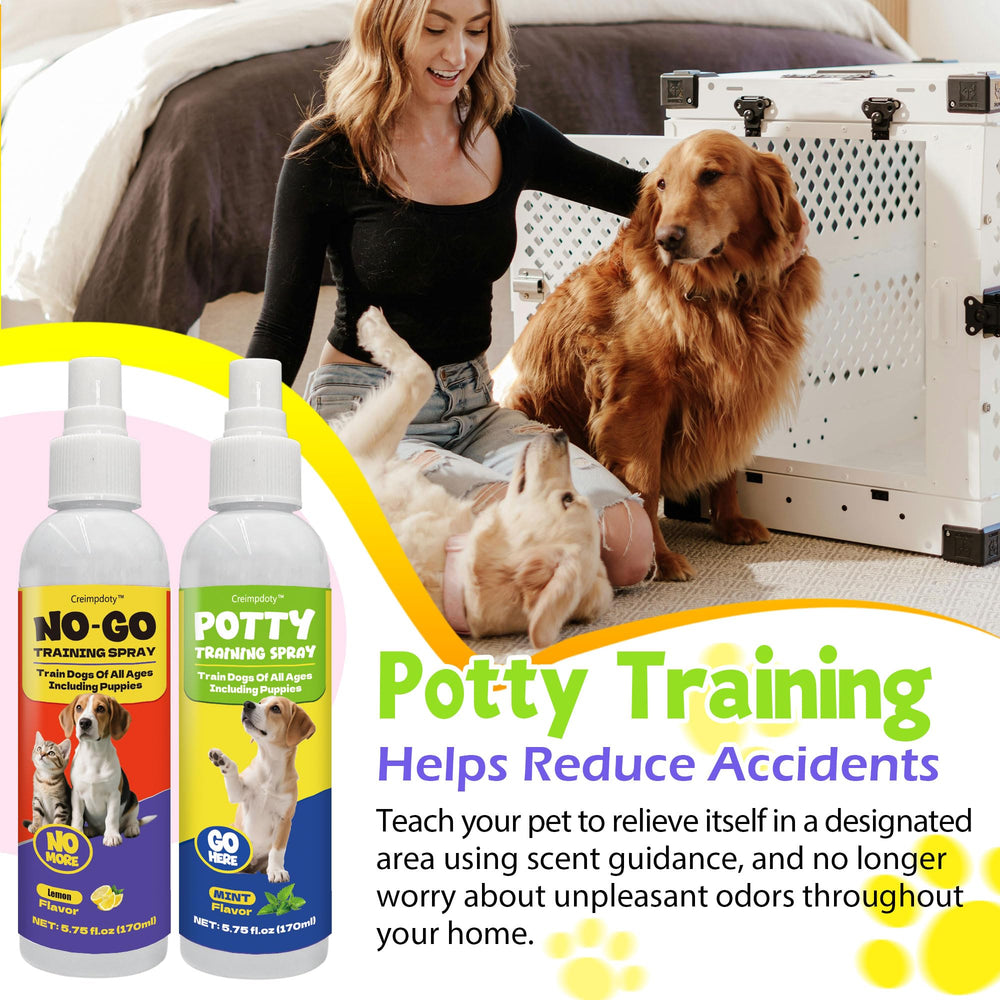Creimpdoty potty spray set non-go action blocks zones like sofas and carpets.