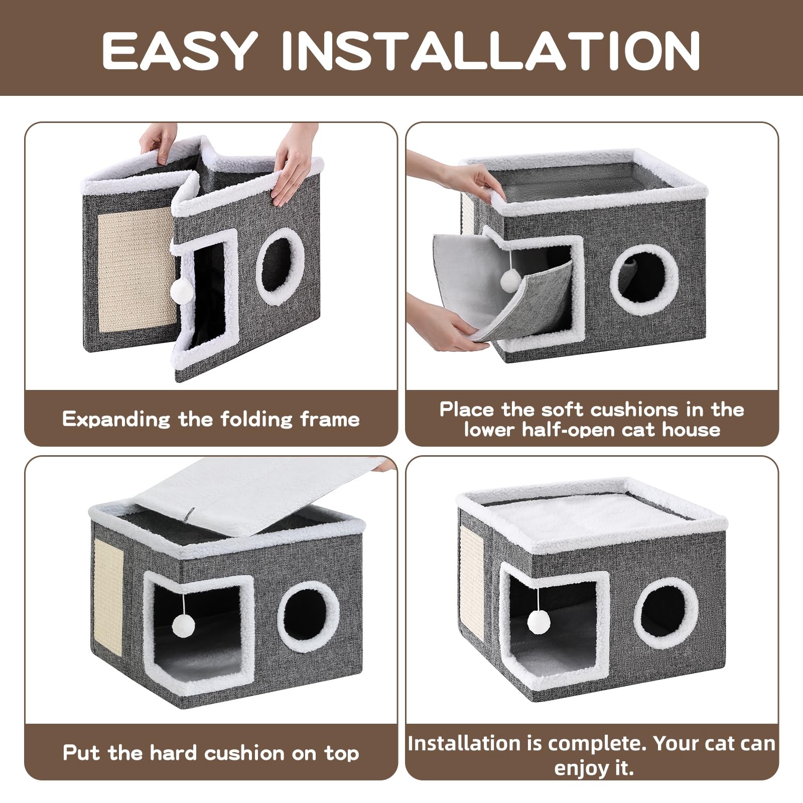 Crispedia cat bed cave non-slip base keeps bed steady during playful pawing.