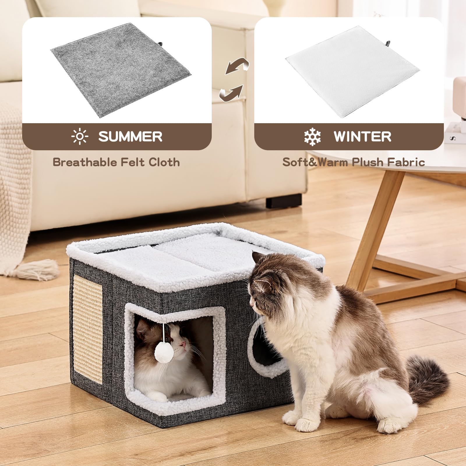 Crispedia cat bed cave reversible cushion winter-summer view demonstrates year-round comfort.