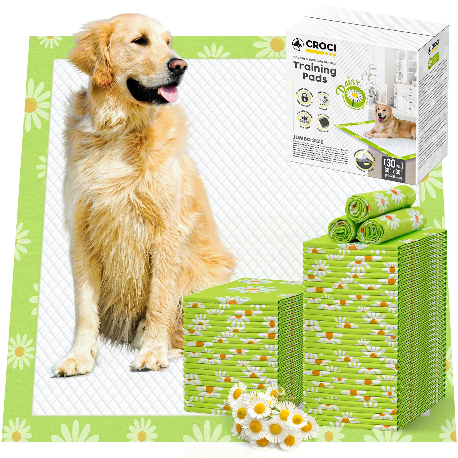 Croci extralarge dog pads daisy-pattern box for easy unboxing and quick use.
