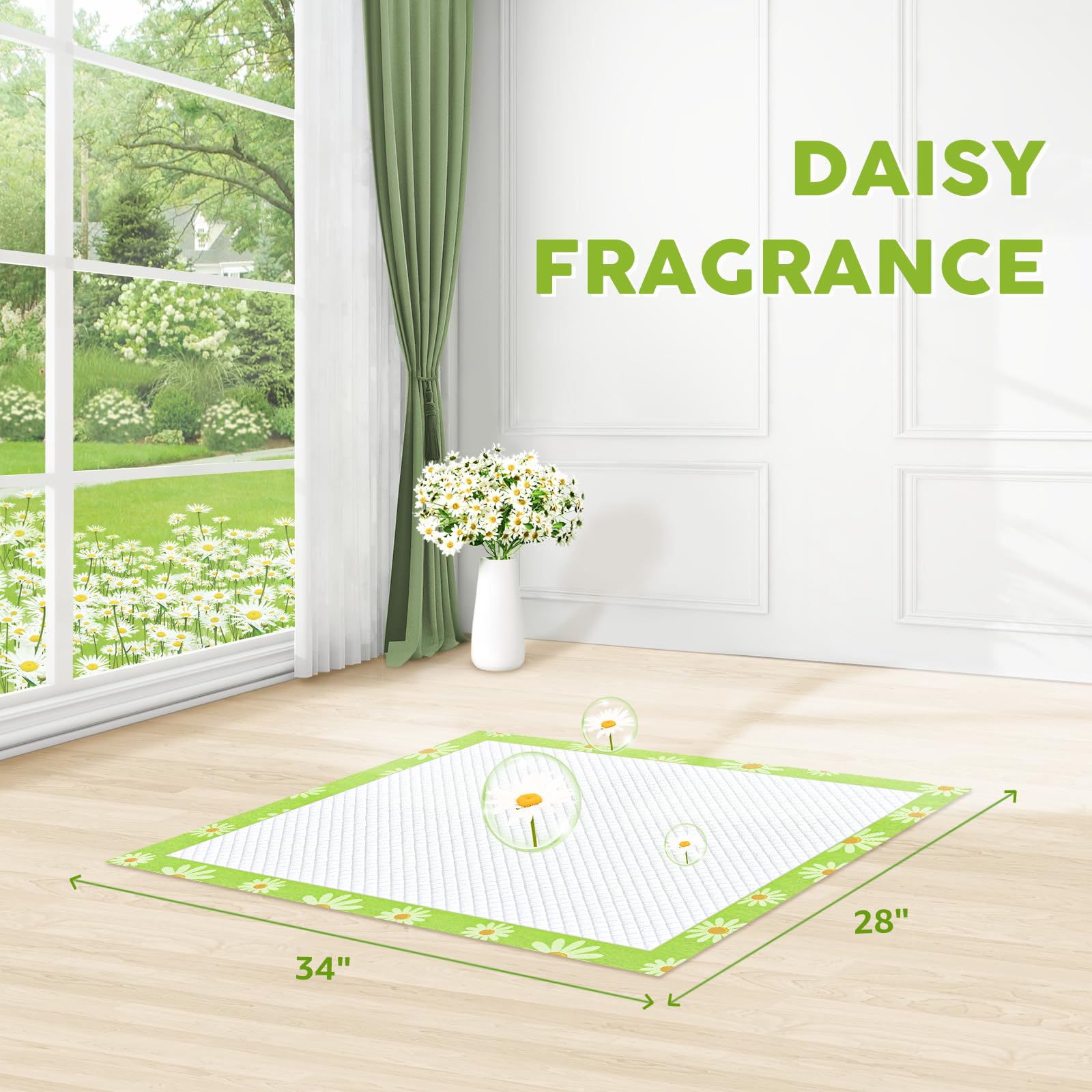 Croci Pee Pads Daisy pattern closeup highlights cheerful design and user-friendly appeal
