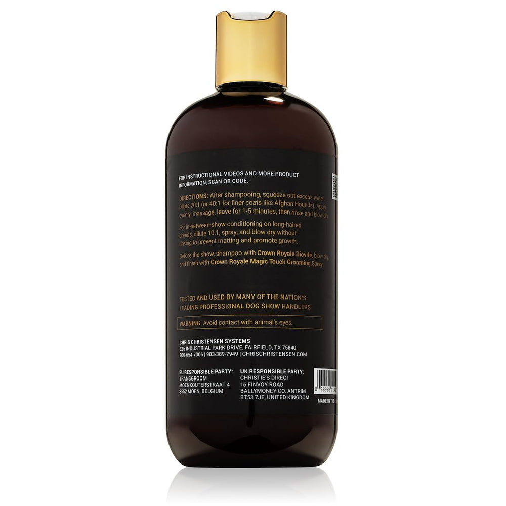 Crown Royale Condition Plus bottle on grooming table delivering glossy, manageable coat effect.