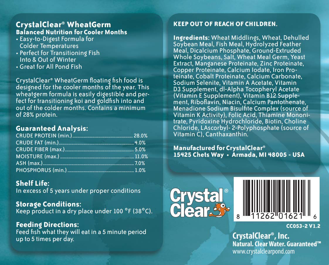 CrystalClear koi food label closeup showing shelf-stable packaging benefits