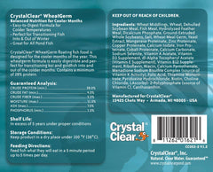 CrystalClear koi food label closeup showing shelf-stable packaging benefits