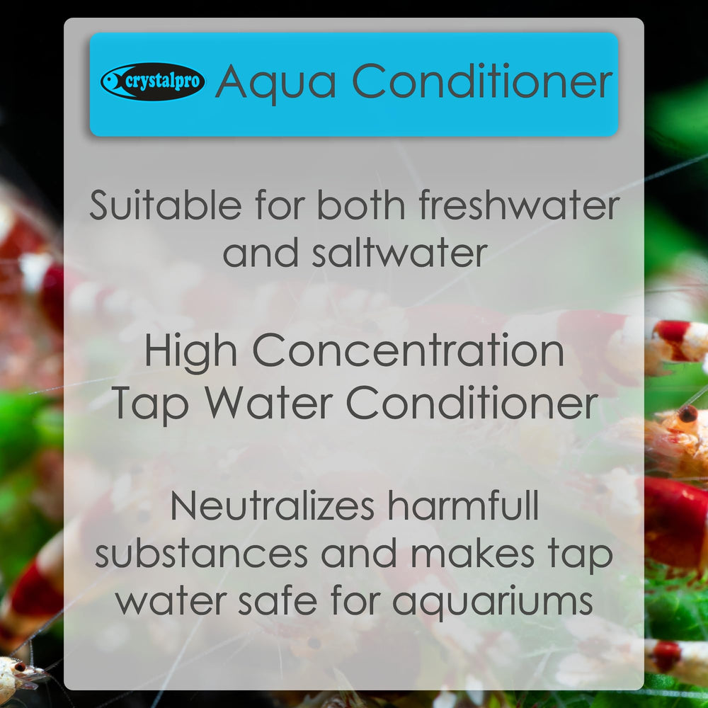 Crystalpro Aqua Conditioner drops being used to treat aquarium water.