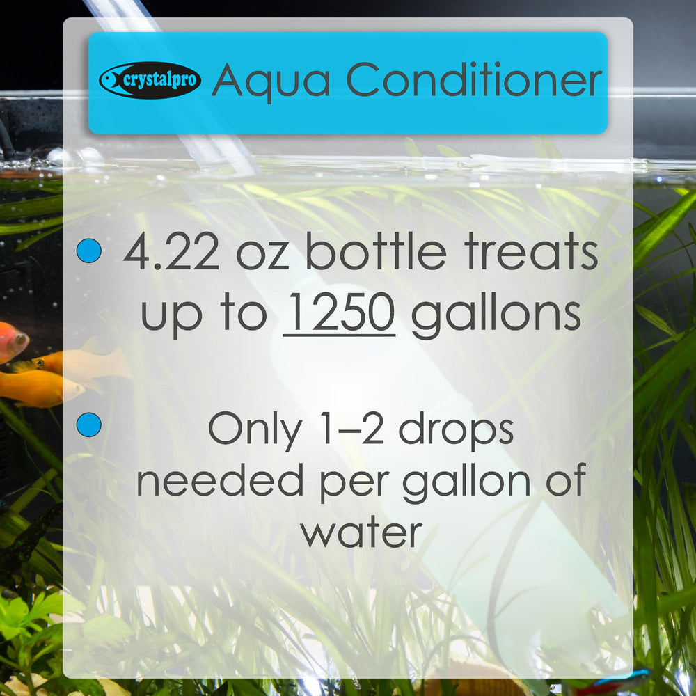 Crystalpro Aqua Conditioner label close-up highlighting chlorine and ammonia removal.