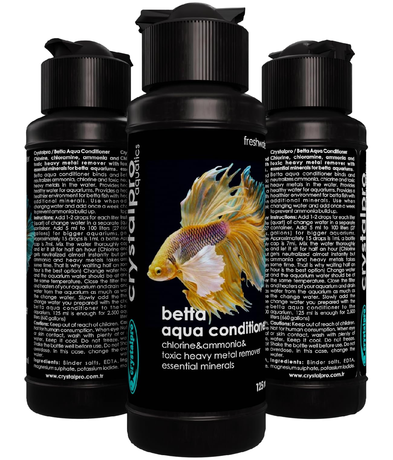 Crystalpro Betta Water Conditioner drops being poured illustrating easy dosing.