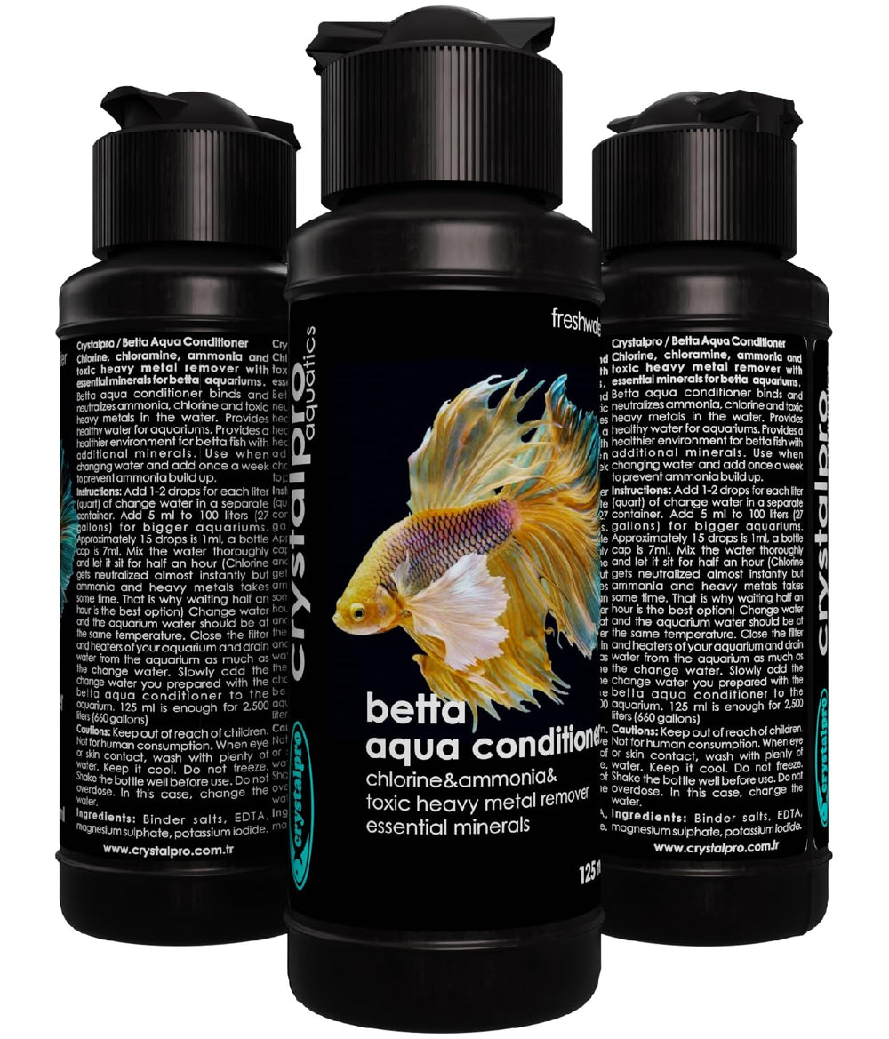 Crystalpro Betta Water Conditioner drops being poured illustrating easy dosing.