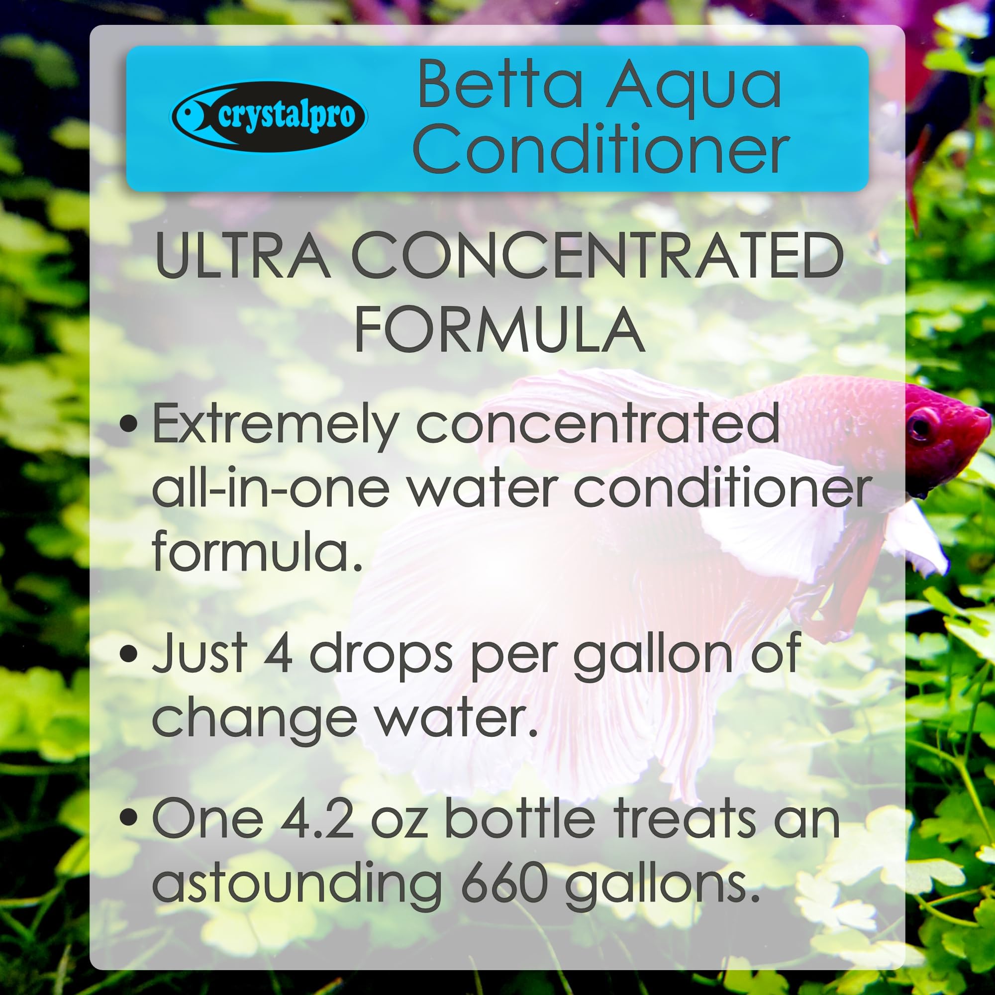 Crystalpro Betta Water Conditioner label highlighting features and uses.