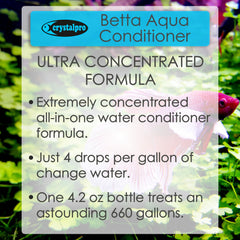 Crystalpro Betta Water Conditioner label highlighting features and uses.
