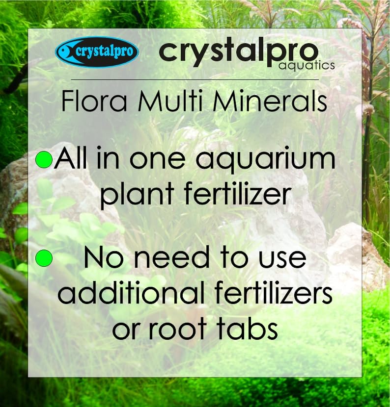 Crystalpro Flora Multi Minerals bottle close-up highlighting the nutrient blend for plants