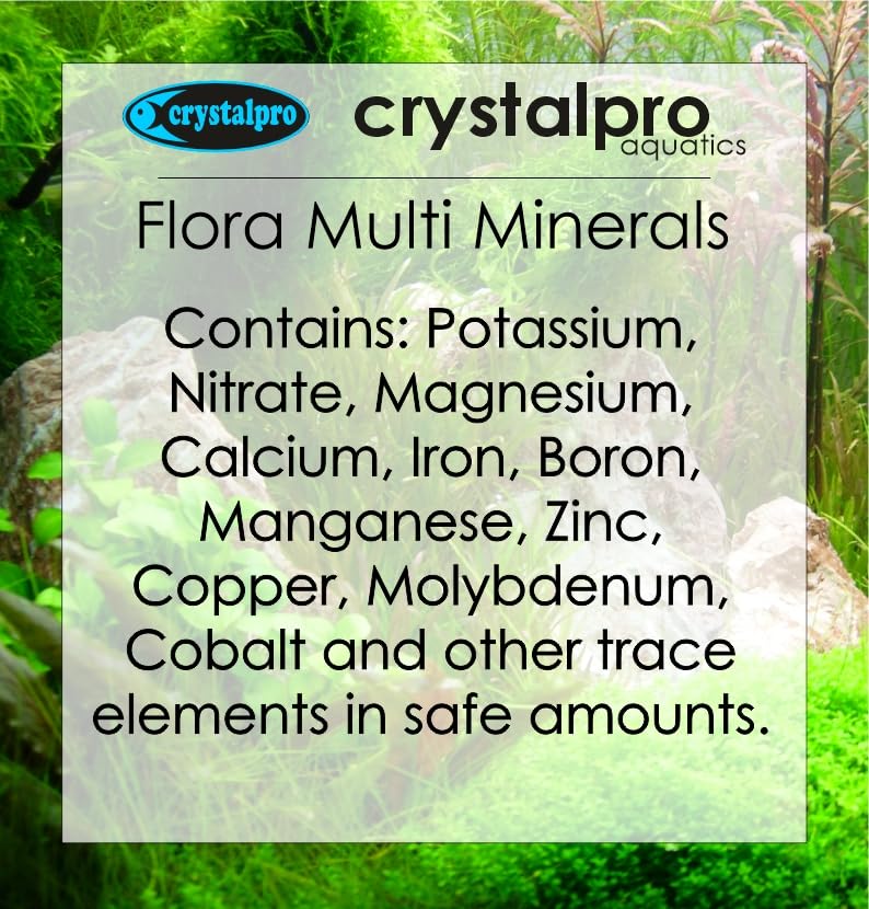 Crystalpro Flora Multi Minerals label close-up listing minerals and phosphate-free formula