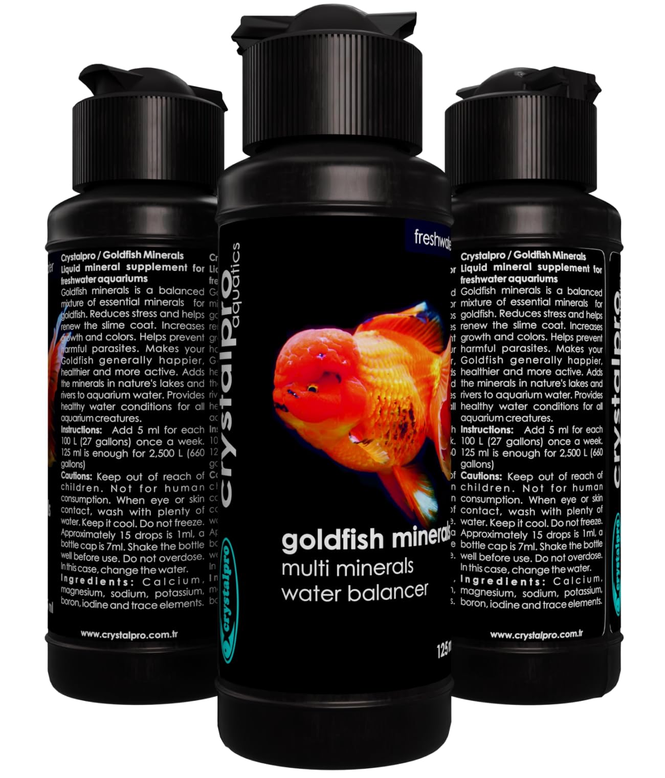 Crystalpro Goldfish Minerals drop cap demonstrates mess-free dosing for stable tank conditions.