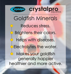 Crystalpro Goldfish Minerals label close-up highlights balanced minerals for aquarium health.