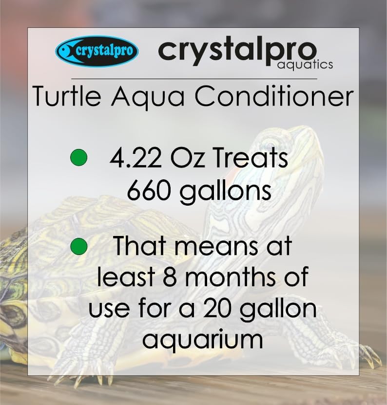Crystalpro Turtle & Amphibian Water Conditioner highlights chlorine and ammonia neutralization features