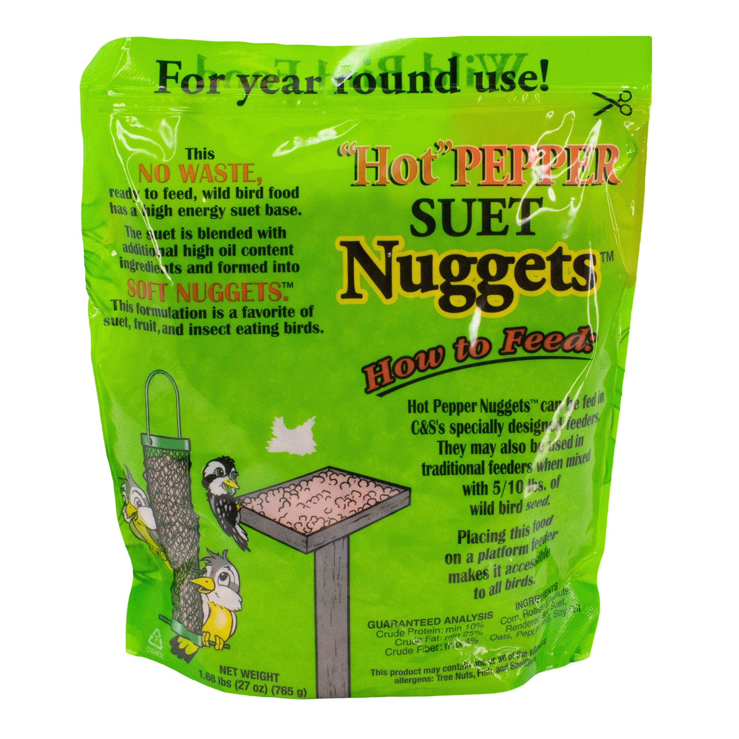 C S Hot Pepper Nuggets paired with seed attract more songbirds with high-energy nutrition.