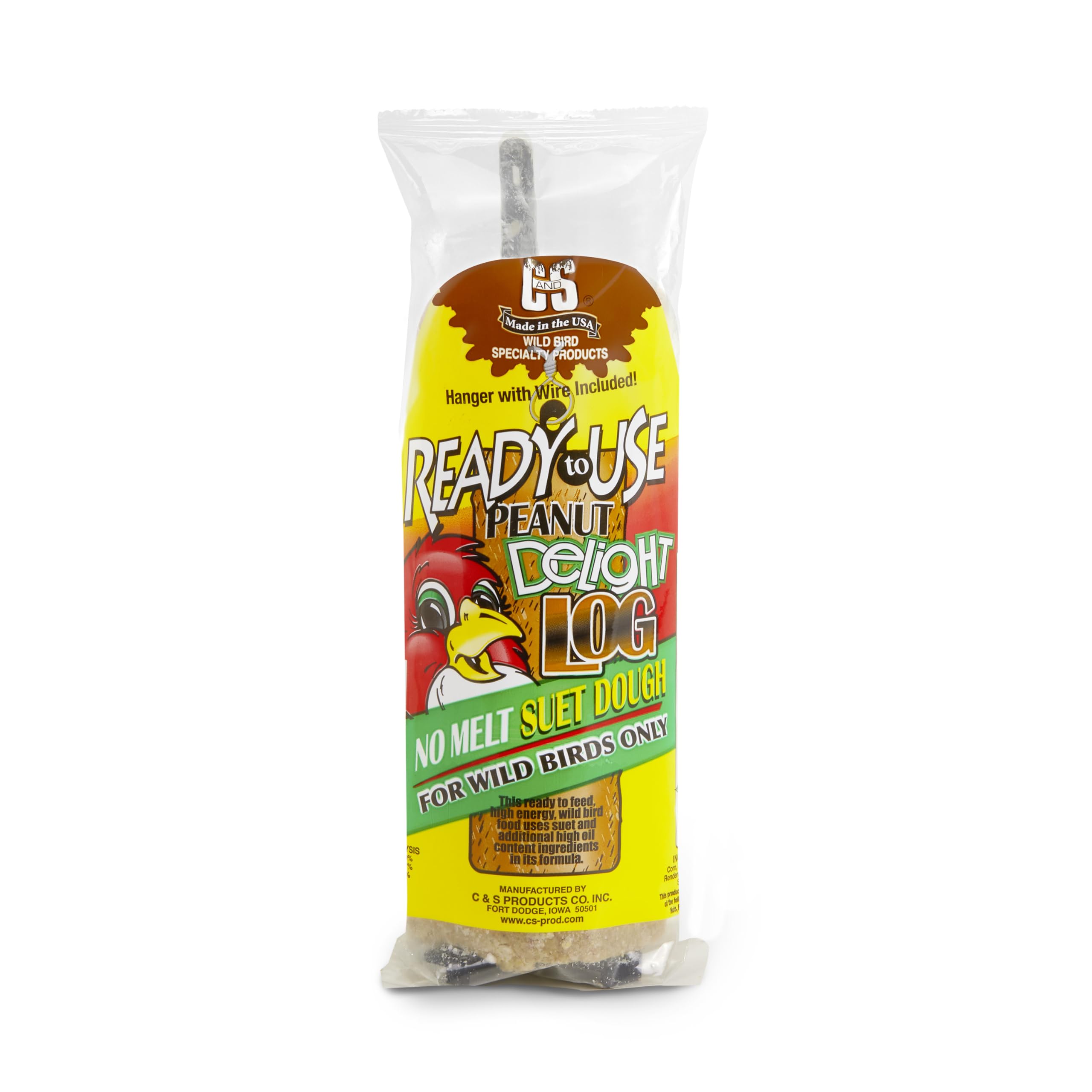 C&S Peanut Delight No Melt Log packaging ready to hang attracts backyard birds.