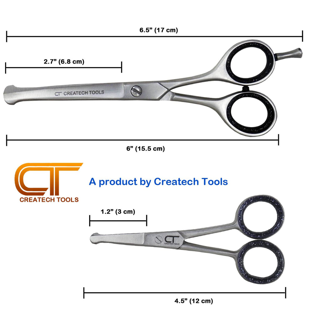 CT Createch Tools pet scissors ergonomic-lightweight handle reduces hand fatigue during grooming.