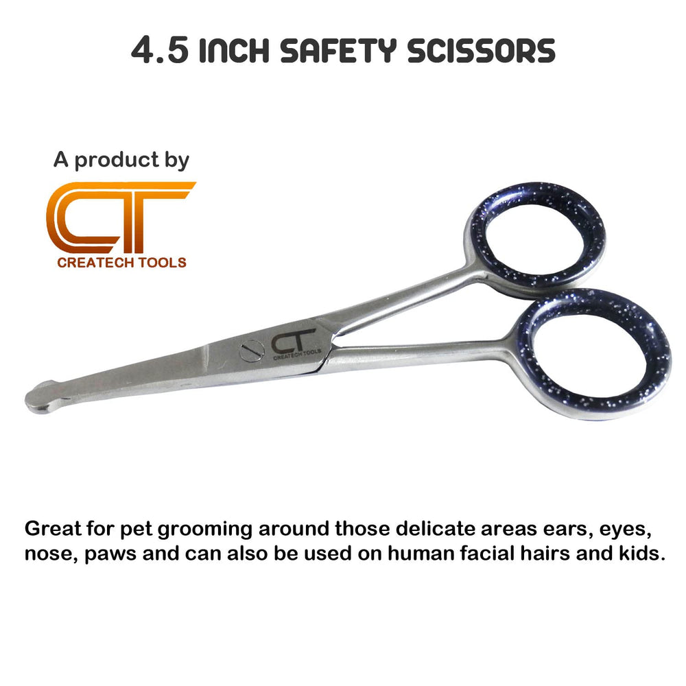 CT Createch Tools pet scissors safety-round-tips prevent nicks near eyes and ears.